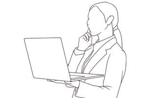 geschäftsfrau mit laptop, der hand gezeichnete stilvektorillustration denkt vektor