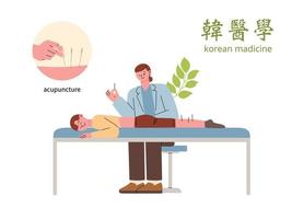 ein patient liegt auf dem bett, der arzt macht akupunktur für den patienten. vektor