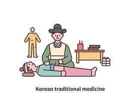 Ein Arzt aus der Joseon-Dynastie behandelt einen Patienten mit Akupunktur. Um ihn herum gibt es Gegenstände, die mit der orientalischen Medizin zu tun haben. vektor