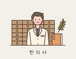 koreanischer traditioneller arzt. neben ihm ein Buch der orientalischen Medizin und hinter ihm ein Arzneischrank. vektor