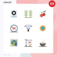 flacher farbsatz der mobilen schnittstelle von 9 piktogrammen von editierbaren vektorgestaltungselementen für die lebensmittelgesundheit des presslufthammerkrankenhauses vektor