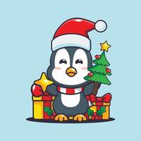 süßer pinguin, der stern und weihnachtsbaum hält. nette weihnachtskarikaturillustration. vektor