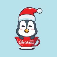 süßer pinguin mit weihnachtsmütze in der tasse. nette weihnachtskarikaturillustration. vektor