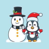 süßer pinguin, der mit schneemann spielt. nette weihnachtskarikaturillustration. vektor