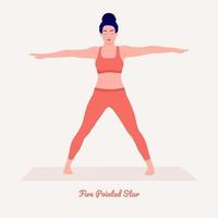 fem spetsig stjärna yoga utgör. ung kvinna praktiserande yoga träning. kvinna träna kondition, aerob och övningar. vektor