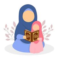 eine mutter in einem hijab bringt ihrer tochter bei, den heiligen koran zu lesen vektor