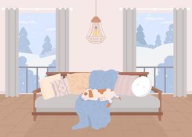 hund, der auf sofa schläft, flache farbvektorillustration. warmes Wohnzimmer bei Schneefall. häuslicher Lebensstil. vollständig bearbeitbares 2D einfaches Cartoon-Interieur mit Winterlandschaft im Hintergrund vektor