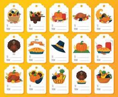 Thanksgiving-Geschenkanhänger-Set. druckfertige Etikettenpostkarten mit Illustrationen und Worten bis, von. flache Vektorgrafiken auf weißem Hintergrund. vektor