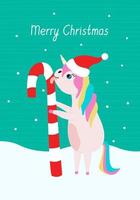 hälsning kort med en söt liten enhörning med en godis sockerrör. glad jul hand dragen text. platt vektor illustration.