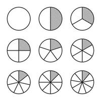 Bruchkreis-Liniendiagramm-Symbol. Verhältnis und einige lineare Vektorsymbole. Die runde Form eines Kuchens oder einer Pizza wird in Scheiben derselben Schattierungslinie geschnitten. lineare Darstellung eines einfachen Geschäftsdiagramms. vektor