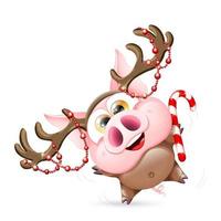 rolig söt Lycklig tecknad serie gris i rådjur kostym med rådjur horn pannband och röd jul pärlor krans. isolerat vektor