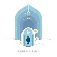 ramadan kareem islamisk design halvmåne och moskékupolsilhuett med arabiskt mönster och kalligrafi vektor