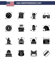 satz von 16 usa-tag-symbolen amerikanische symbole unabhängigkeitstag zeichen für geld usa-flasche imerikanische sonnenbrille editierbare usa-tag-vektordesignelemente vektor