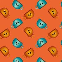 sich wiederholendes Muster von niedlichen Cartoon-orangen und blauen Tassen auf orangefarbenem Hintergrund