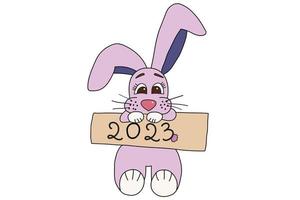 Das Bild zeigt ein Kaninchen, das ein Schild mit der Aufschrift 2023 hält. Es ist für Silvester, Weihnachtsferien, Karten, Kleidungsdruck, Druck gedacht und Sie können es in verschiedenen Fällen verwenden. vektor