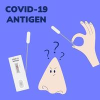 covid-19 antigen testa utrustning, näsa och hand. bakgrund med korona virus molekyler vektor