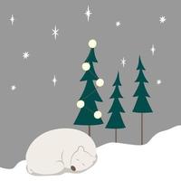 eisbär schläft auf dem schnee in der nähe des weihnachtsbaums im wald. festliche clipart für weihnachts- oder neujahrskarte vektor