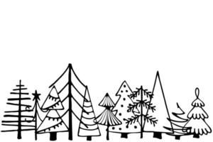 Wald von Weihnachtsbäumen handgezeichnet auf weißem Hintergrund. grafikdesign für neujahrskarte vektor