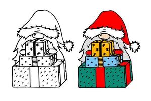 illustration mit einem süßen weihnachtszwerg hinter einer rutsche mit geschenken. Malbuch für Kinder. Silhouette vektor