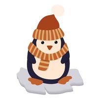 Pinguin mit Hut und Schal auf einer Eisscholle. Winter-Cliparts. vektor