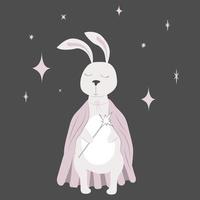 de vit hare klädd som en trollkarl under stjärnor. kanin med en magi wand och en mantel. vektor
