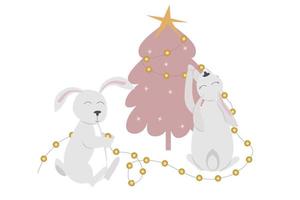 två harar eller kaniner dekorera de jul träd med ett elektrisk krans. festlig kort för de ny år, symbol av 2023 vektor