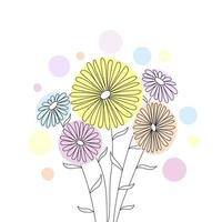 fünf farbige Gänseblümchen, die mit einer Linie auf weißem Hintergrund gezeichnet sind. Vektor Blumenstrauß.