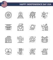 satz von 16 modernen linien pack am usa unabhängigkeitstag amerikanische ammern schmuck fliegender drachen editierbare usa tag vektor design elemente