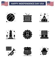 Happy Independence Day Pack mit 9 soliden Glyphen Zeichen und Symbolen für Getränke Washington Camp Usa Monument editierbare Usa Day Vektordesign-Elemente vektor