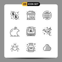 9 svart ikon packa översikt symboler tecken för mottaglig mönster på vit bakgrund 9 ikoner uppsättning vektor