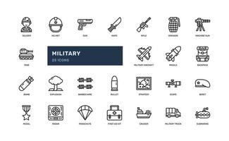 Krieg Militärsoldat Armee Kraft Technologie detaillierte Gliederung Symbolsatz mit Panzer, Kreuzer, Flugzeug, Gewehr. einfache Vektorillustration vektor