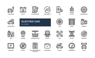 elektrisk bil batteri energi kraft mobil bil- transport detaljerad översikt ikon uppsättning. enkel vektor illustration