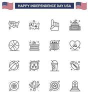 Happy Independence Day Pack mit 16 Zeilen Zeichen und Symbolen für Drum Sports Place Ball White Editable Usa Day Vector Design Elements