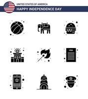 glücklicher unabhängigkeitstag usa paket mit 9 kreativen soliden glyphen von match camping schnelles polizeischild polizei editierbare usa day vektordesignelemente vektor