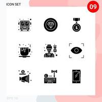 9 solides Glyphenpaket der Benutzeroberfläche mit modernen Zeichen und Symbolen von Soldatenfahrerabzeichen, Essen, Tee, editierbaren Vektordesignelementen vektor