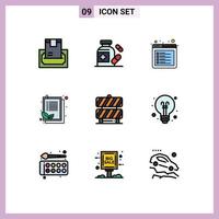 Gruppe von 9 modernen Filledline-Flachfarben für Vorsicht Blattbrowserliste Checkliste editierbare Vektordesign-Elemente vektor