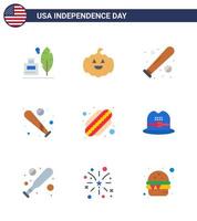 Lycklig oberoende dag packa av 9 flats tecken och symboler för amerikan hatt baseboll stater amerikan redigerbar USA dag vektor design element