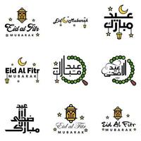eid mubarak handskriven text vektor packa av 9 kalligrafi med stjärnor isolerat på vit bakgrund för din design