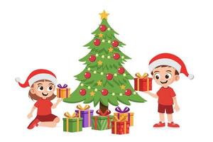 Lycklig söt liten pojke och flicka innehav jul närvarande vektor illustration