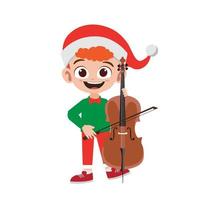 glücklicher netter kleiner junge, der celloinstrument in der weihnachtskostümvektorillustration hält vektor