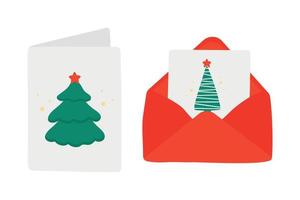 enda hand dragen ny år och jul gåva kort med gran träd i brev. vektor illustration för hälsning kort, affischer, klistermärken och säsong- design.