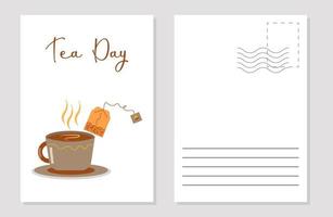 de layout av en hälsning kort för te dag är en kopp med varm doftande te och en te väska vektor