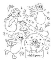 Schwarz-Weiß-Doodle-Schneemänner mit Schneekugel, Weihnachtsbaum, Tannenzweigen und Mistel. satz von handgezeichneten schneemannkritzeleien zum ausmalen. hipster abstrakte kritzeleien mit lustigen kreaturen vektor