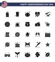 glücklicher unabhängigkeitstag 4. juli satz von 25 festen glyphen amerikanisches piktogramm der dekoration amerikaner amerikaner usa herz editierbare usa tag vektor design elemente