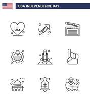 Stock Vektor Icon Pack von American Day 9 Zeilenzeichen und Symbolen für Raketenabzeichen amerikanische internationale Flagge Land editierbare Usa Day Vektordesign-Elemente