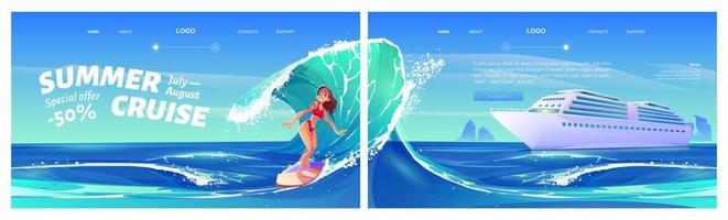 sommerkreuzfahrtkarikaturlandung mit surfmädchen vektor
