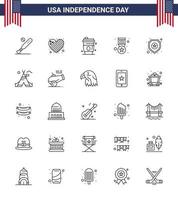 Packung mit 25 kreativen USA-Unabhängigkeitstag-bezogenen Linien von Schildmedaillen-Liebesabzeichen USA editierbare USA-Tag-Vektordesign-Elemente vektor