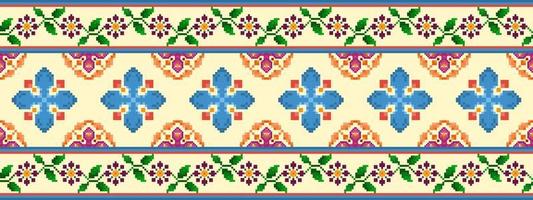 ikat ethnisches nahtloses musterdekorationsdesign. aztekischer stoffteppich boho mandalas textildekor tapete. Stammes- einheimisches Motiv verziert traditionelle Stickereivektorhintergrund-Pixelart vektor