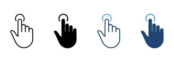 handcursor der computermauslinie und des silhouettenfarbsymbolsatzes. Zeigefinger klicken. Wischen Sie zweimal, drücken Sie den Berührungspunkt, tippen Sie auf die Symbolsammlung auf weißem Hintergrund. isolierte Vektorillustration. vektor