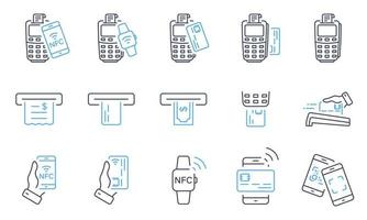 pos pay transaktion per handy, smartwatch, kreditkartenpiktogramm. nfc-technologie drahtlose zahlung auf terminalzeilensymbolsatz. atm geld abheben. editierbarer Strich. isolierte Vektorillustration. vektor